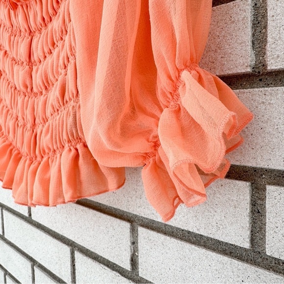 Urban Outfitters Sierra Smocked Sheer Puff Sleeve Crop Top M Peach Cottagecore - Picture 7 of 13